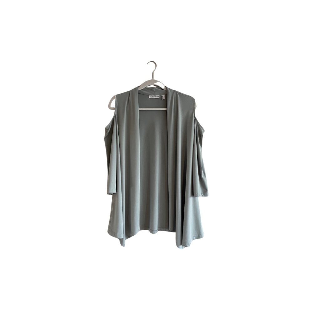 Susan Graver Liquid Knit Cold Shoulder Cardigan-Size Medium-Gray